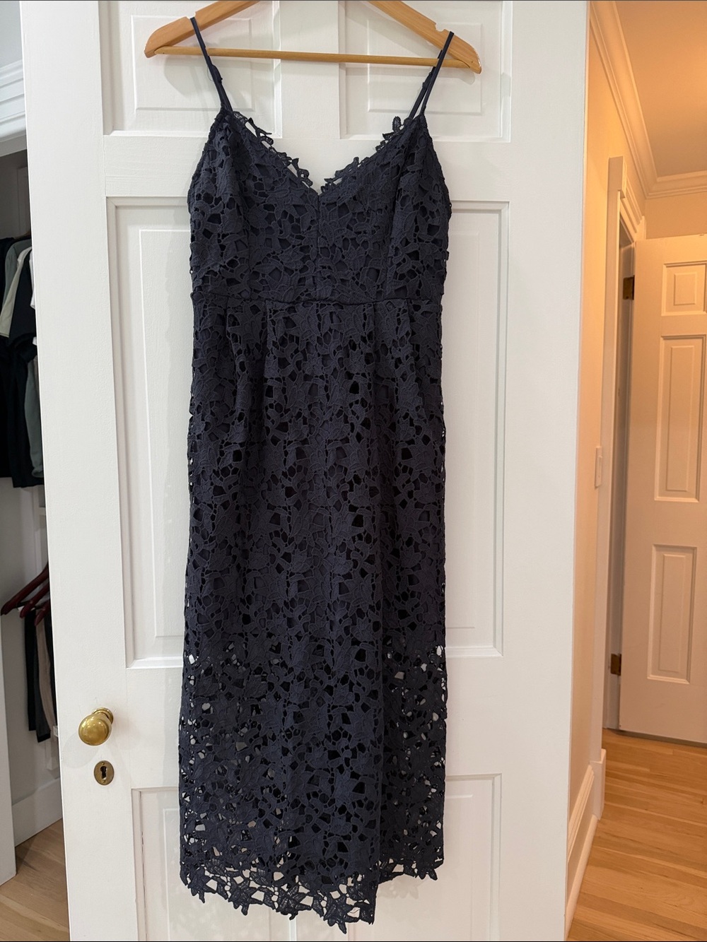Astr Navy Crochet Lace Spaghetti-Strap Midi Dress